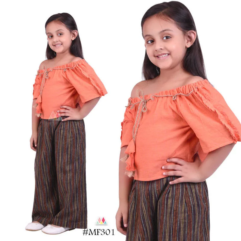 Orange Khadi Cold Shoulder Kids Top And Bottom Set