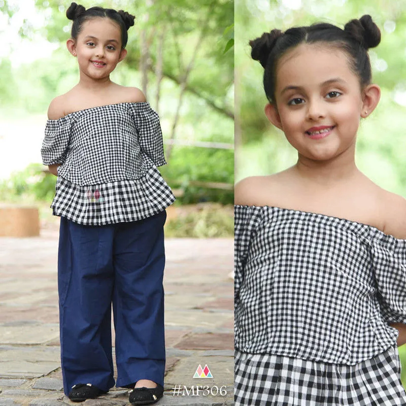 Black & Blue Khadi Cold Shoulder Kids Top And Bottom Set