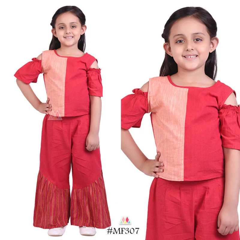 Red Designer Khadi Cold Shoulder Kids Top And Bottom Set