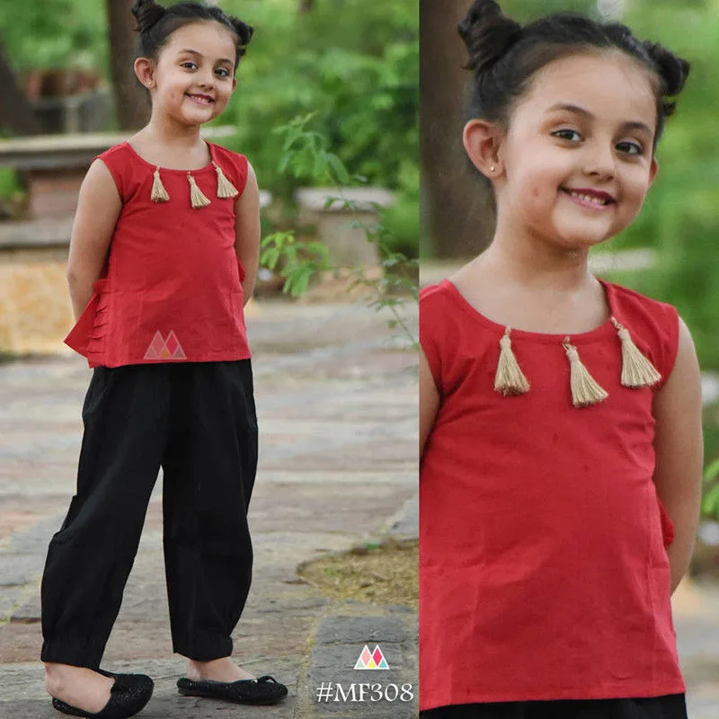 Red and Black Khadi Kids Top And Bottom Set
