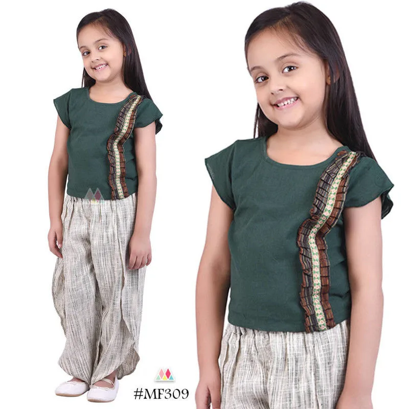 Green Khadi Kids Top And Bottom Set