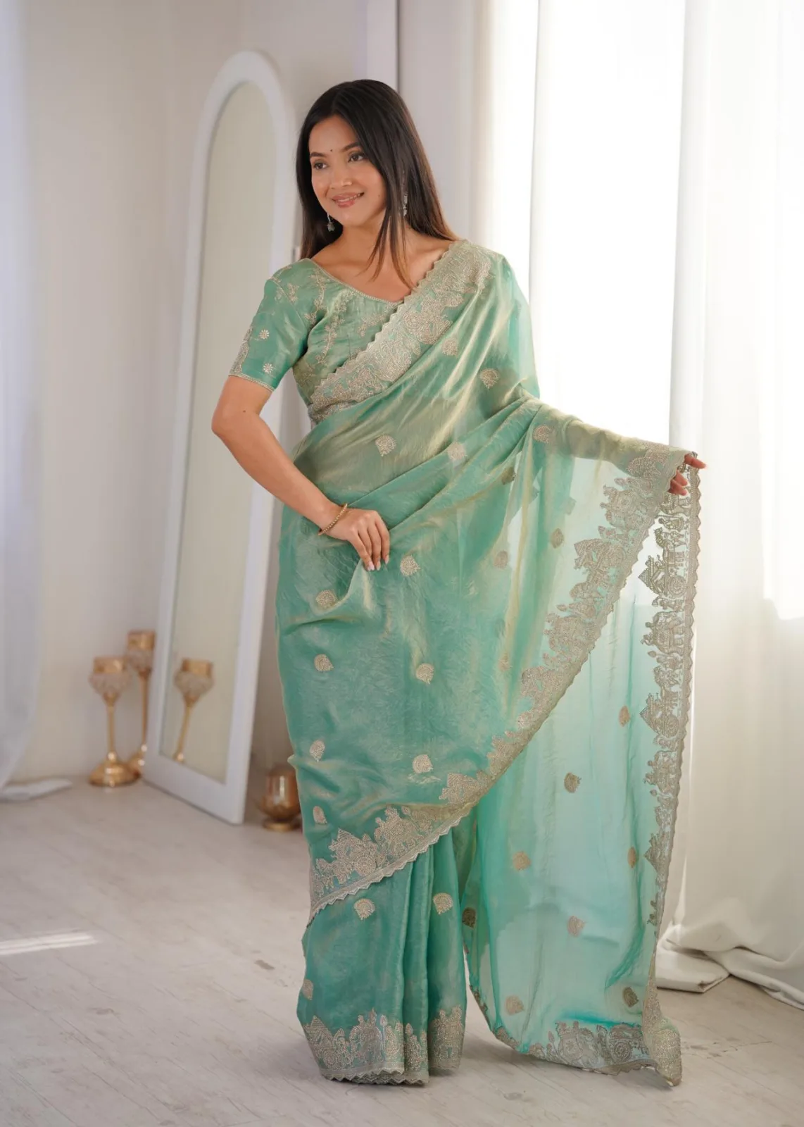 Green Fendy Crush With Zari Embroidered & Hotfix work Saree