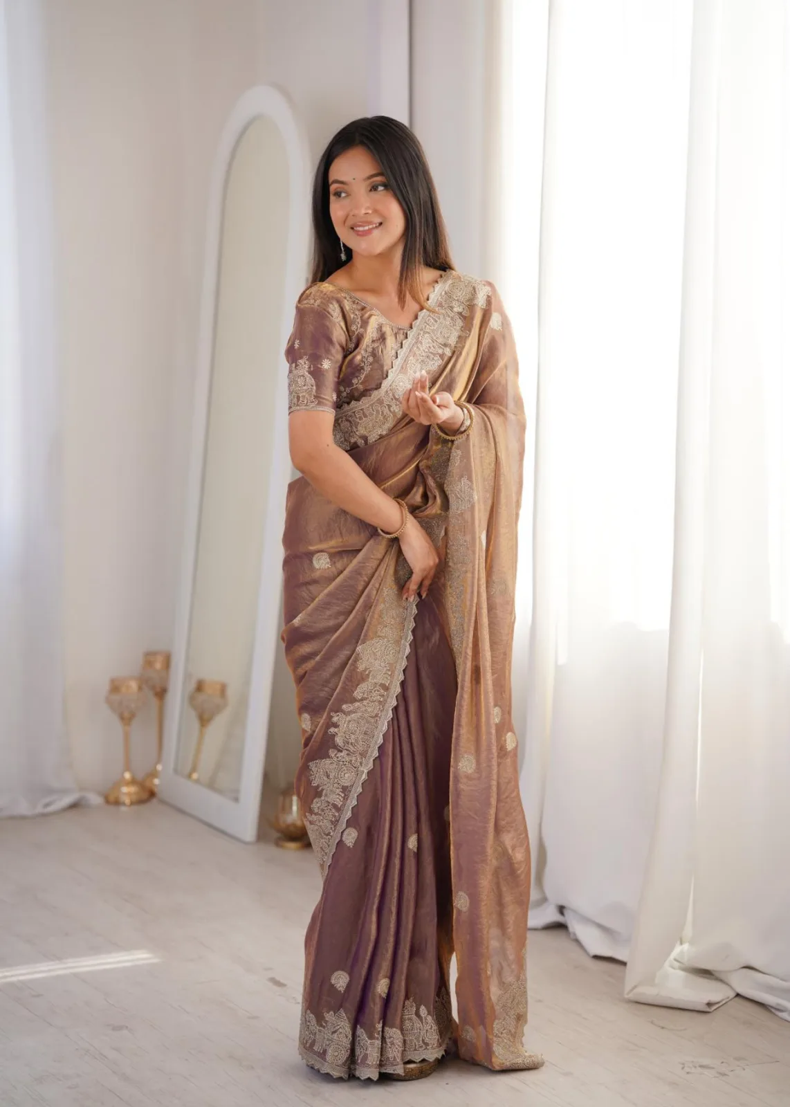 Brown Fendy Crush With Zari Embroidered & Hotfix work Saree