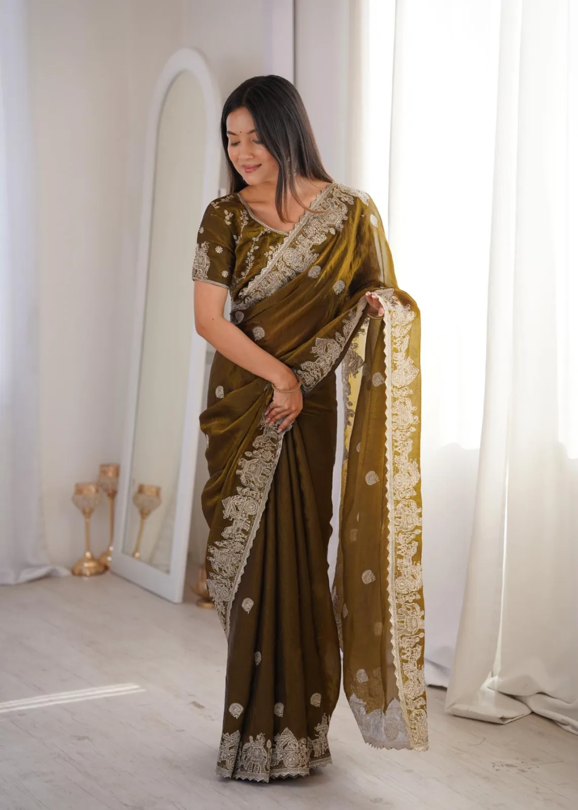 Chocolate Fendy Crush With Zari Embroidered & Hotfix work Saree