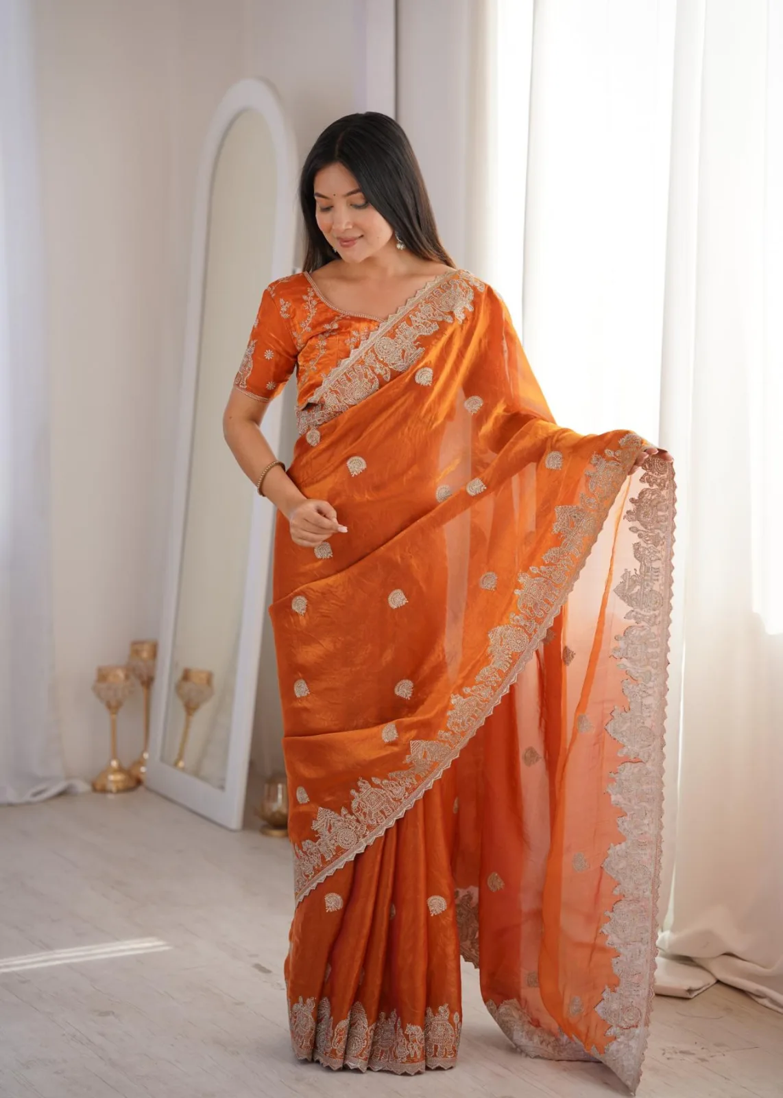 Orange Fendy Crush With Zari Embroidered & Hotfix work Saree